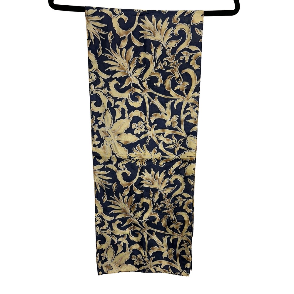 VTG 100% Silk‎ Floral Print Scarf Navy Beige Gold EUC